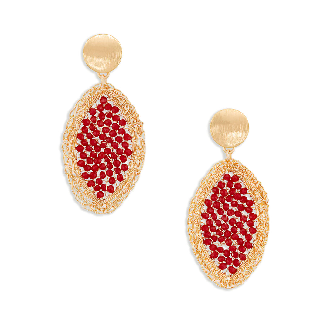Gold leaf earrings with red crystals and open wire. Stud drop design on white background