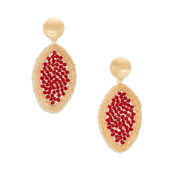 Gold leaf earrings with red crystals and open wire. Stud drop design on white background