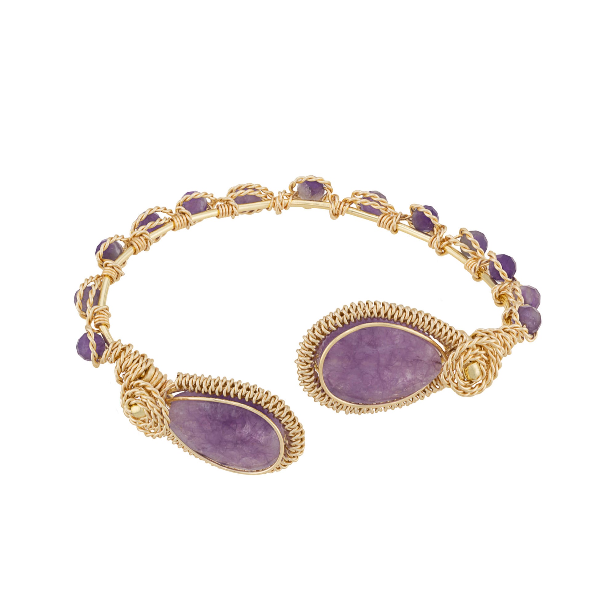 A gold wire-wrapped cuff bracelet featuring two large oval purple amethyst stones and smaller round purple amethyst accents along the band, shown on a plain white background.
