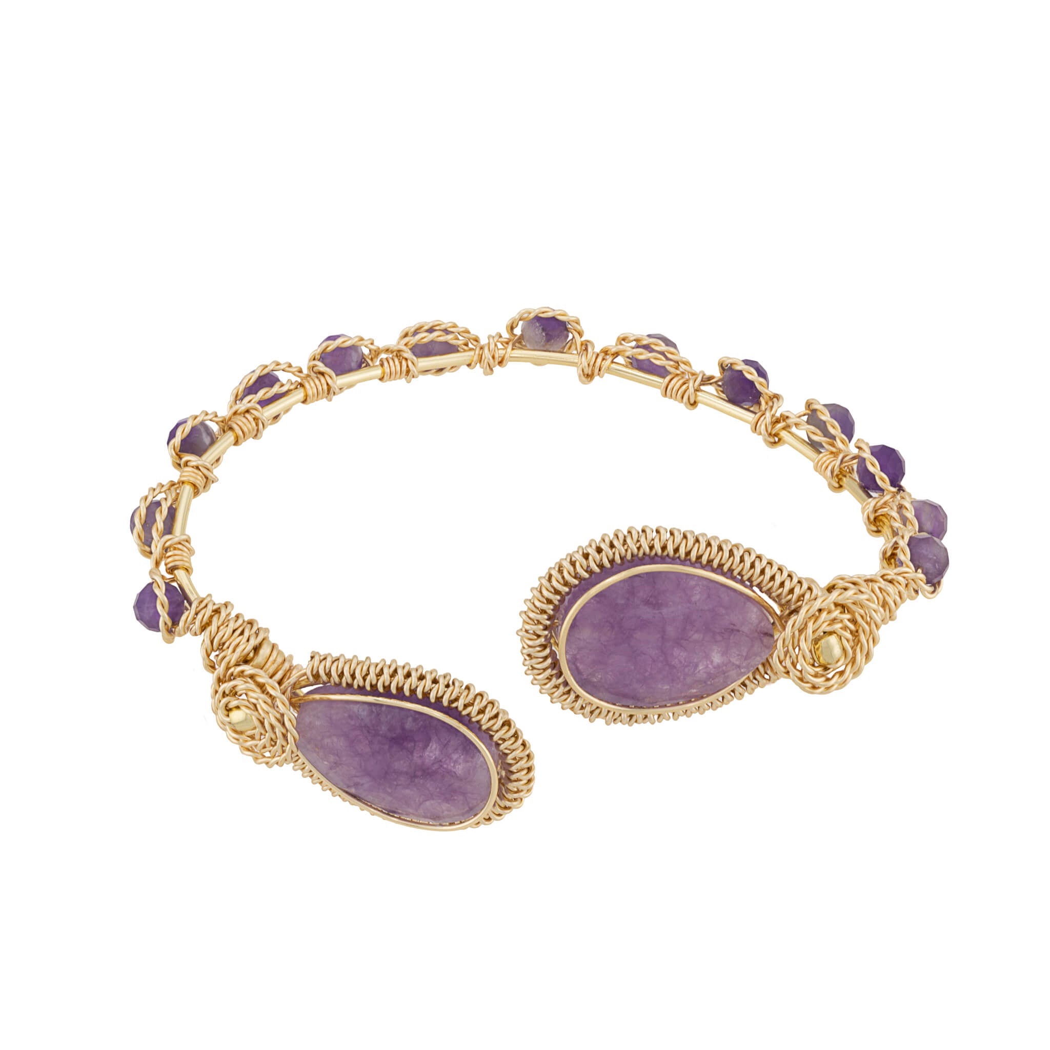 A gold wire-wrapped cuff bracelet featuring two large oval purple amethyst stones and smaller round purple amethyst accents along the band, shown on a plain white background.
