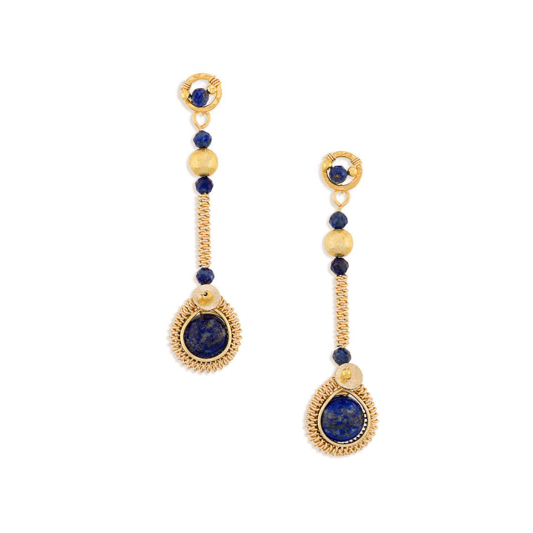 A pair of gold dangle earrings with lapis lazuli stones and gold beads, displayed on a clean white background.