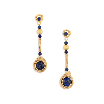 A pair of gold dangle earrings with lapis lazuli stones and gold beads, displayed on a clean white background.