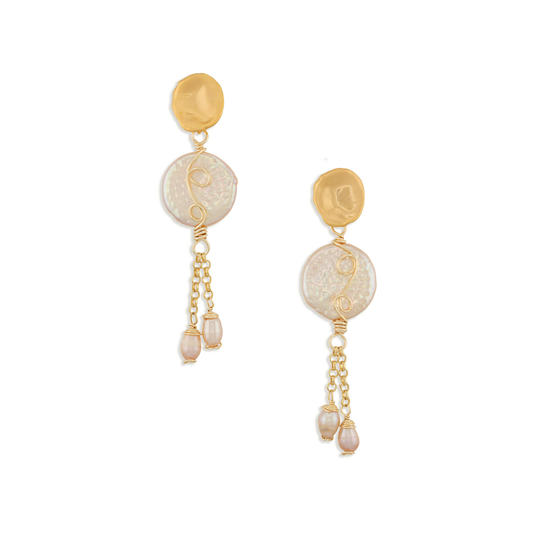 A pair of gold dangle earrings featuring textured circular discs, delicate chains, and small pearl-like beads, set against a plain white background.