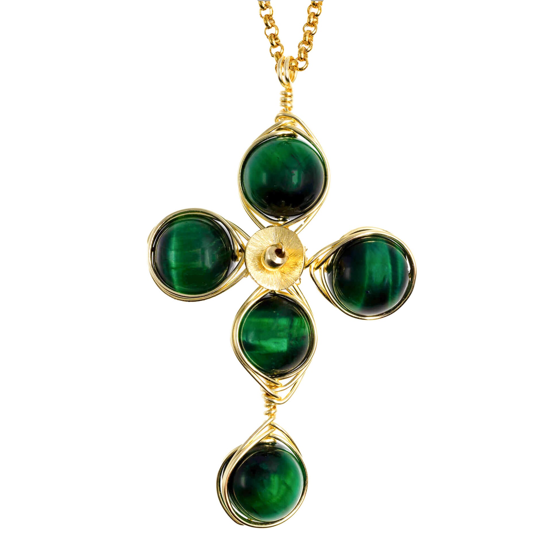 Green Tiger Eye cross necklace in gold wire with 14K gold-filled chain. The Encourage Cross.