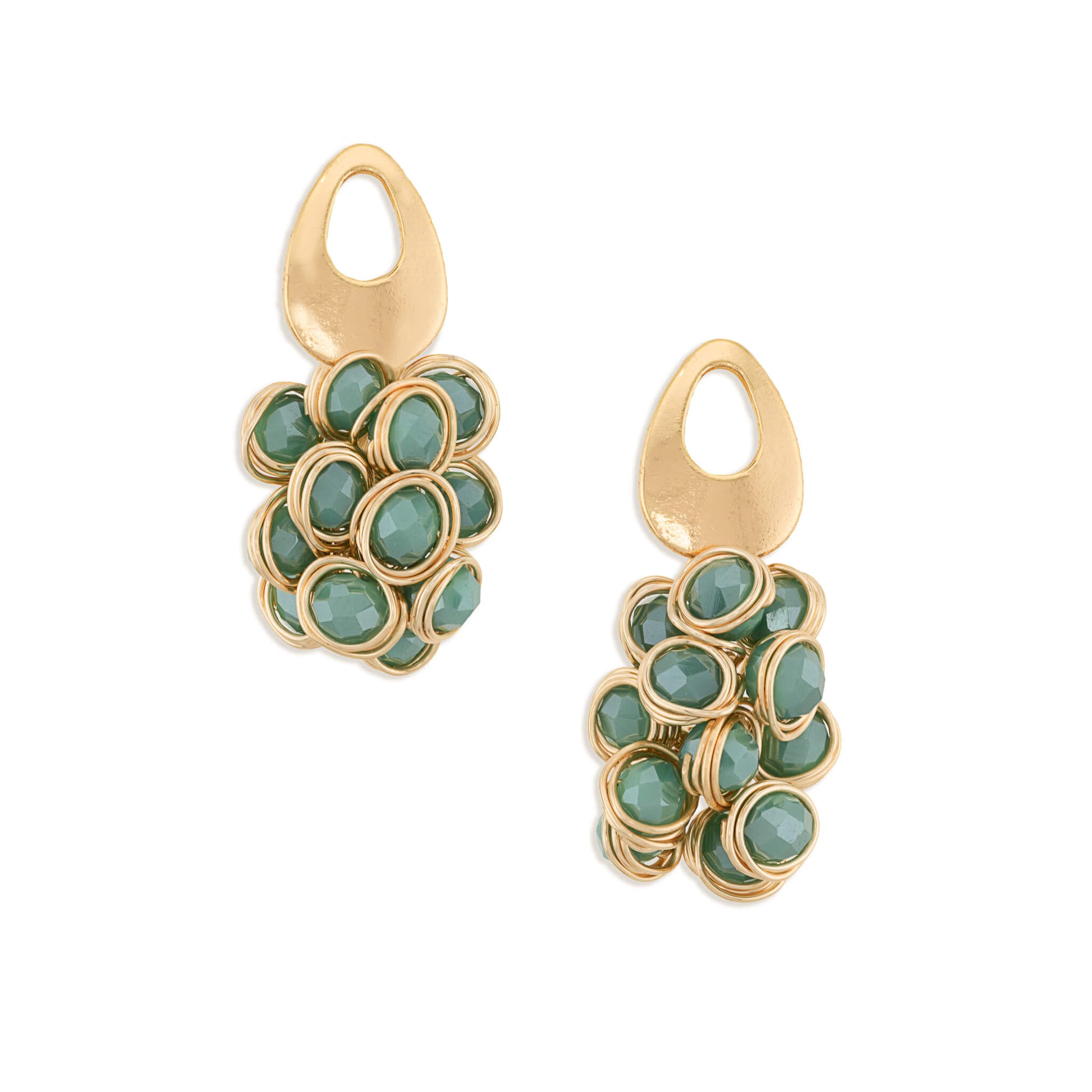 A pair of gold drop earrings featuring clusters of faceted light green gemstones in bezel settings, shown on a plain white background.