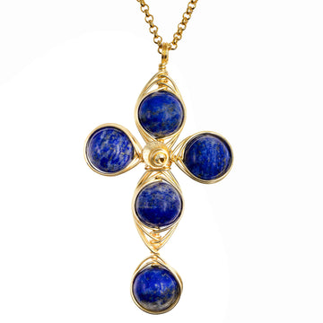 Lapis Lazuli cross necklace in gold wire with 14K gold-filled chain. The Intuition Cross.