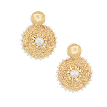 A pair of gold-toned statement earrings featuring a textured circular mesh design, white faux-pearl centers, and small gold bead accents, set against a plain white background.