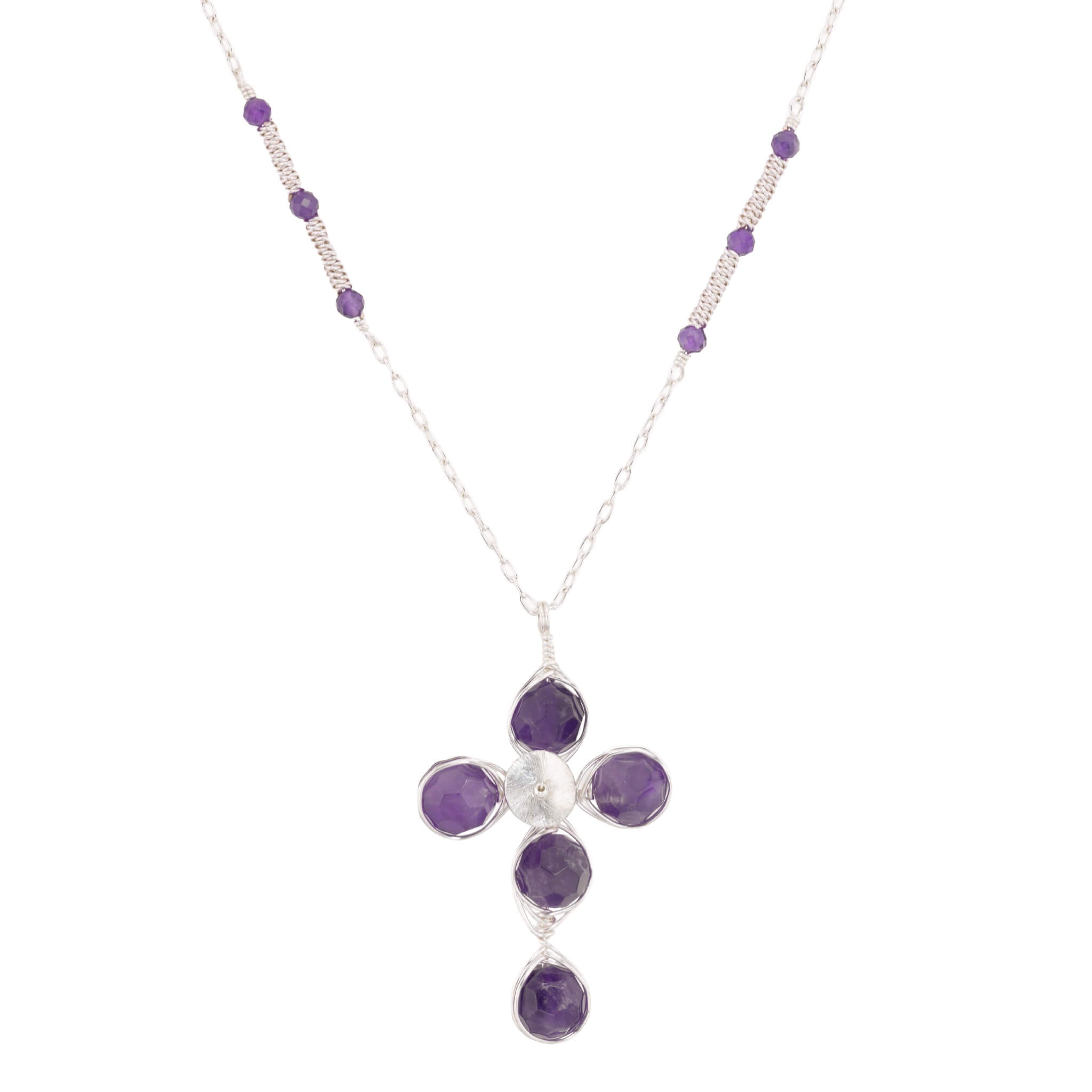 Silver amethyst cross necklace with five faceted purple stones and amethyst accents along the chain