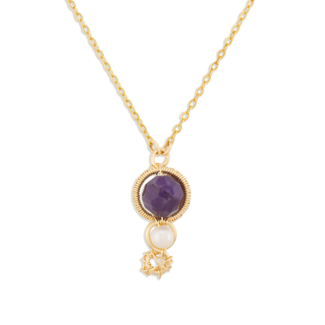 A gold chain necklace featuring a round purple amethyst pendant with a textured gold border, a small white pearl drop, and a tiny gold star charm, shown against a plain white background.