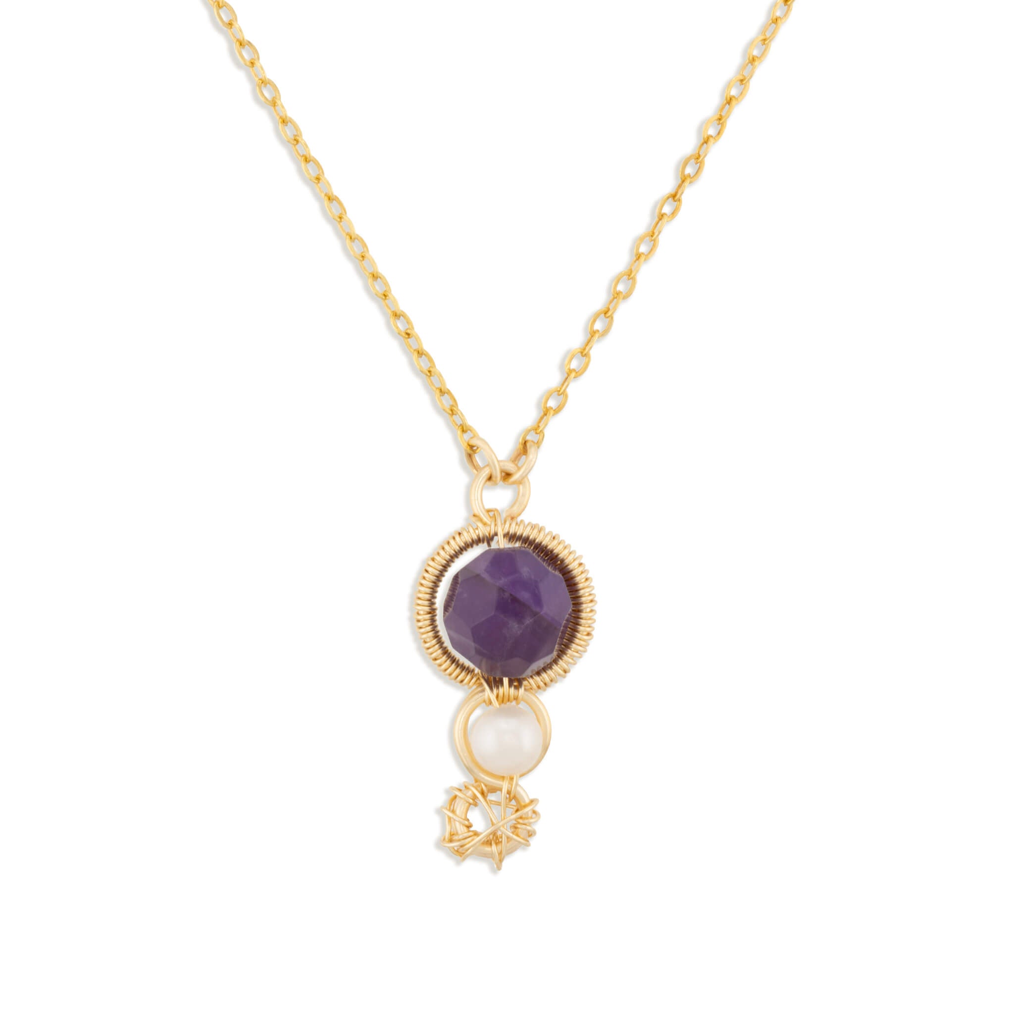 A gold chain necklace featuring a round purple amethyst pendant with a textured gold border, a small white pearl drop, and a tiny gold star charm, shown against a plain white background.