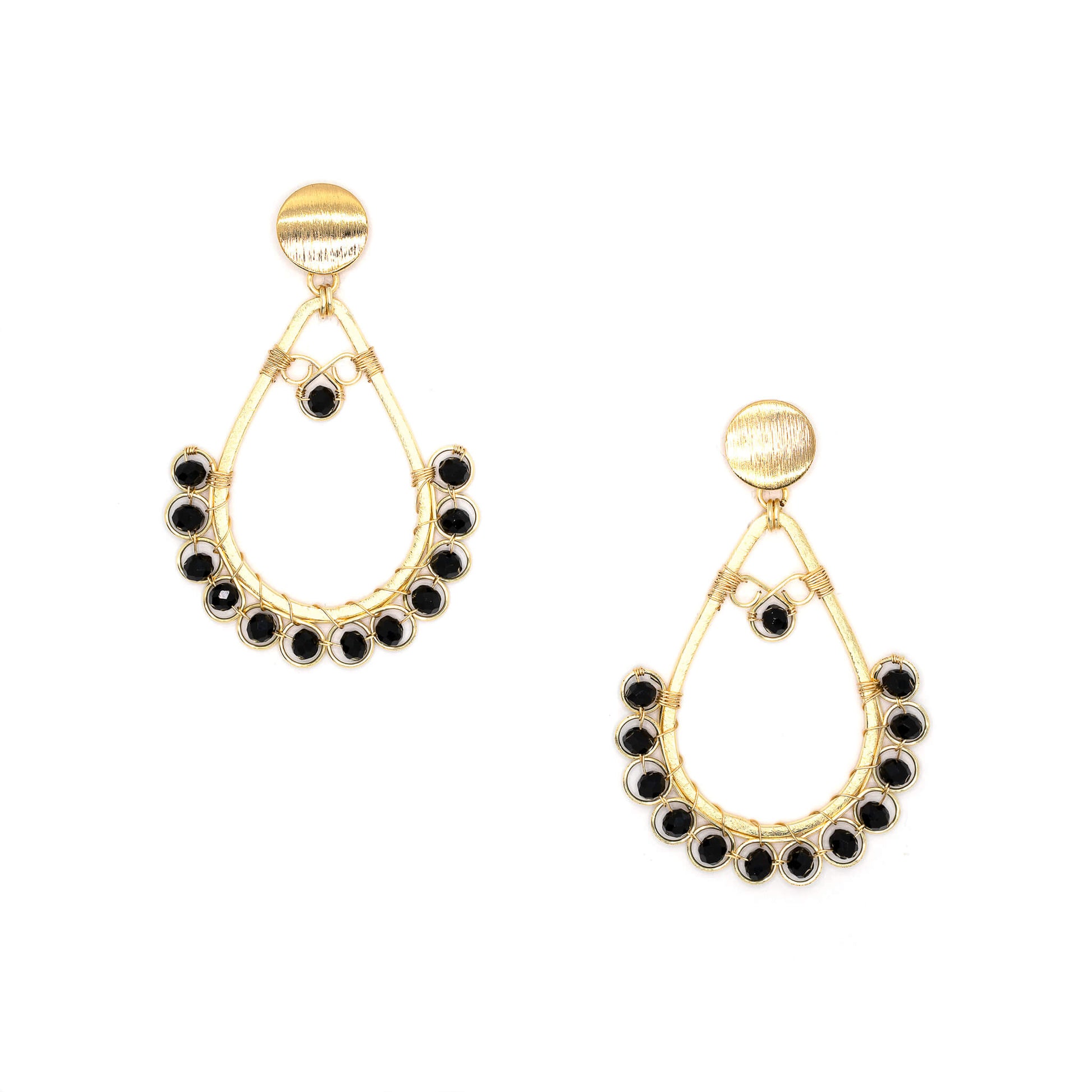 Amara II Earrings are 3 inches long. Gold teardrop with beads Earrings. Gold and Black earrings. Handmade with Gold-plated wire and Faceted Crystal beads. Simple Wire Wrapped Earrings.
