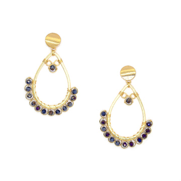 Amara II Earrings are 3 inches long. Gold teardrop with beads Earrings. Gold and Blue-Purple earrings. Handmade with Gold-plated wire and Faceted Crystal beads. Simple Wire Wrapped Earrings.
