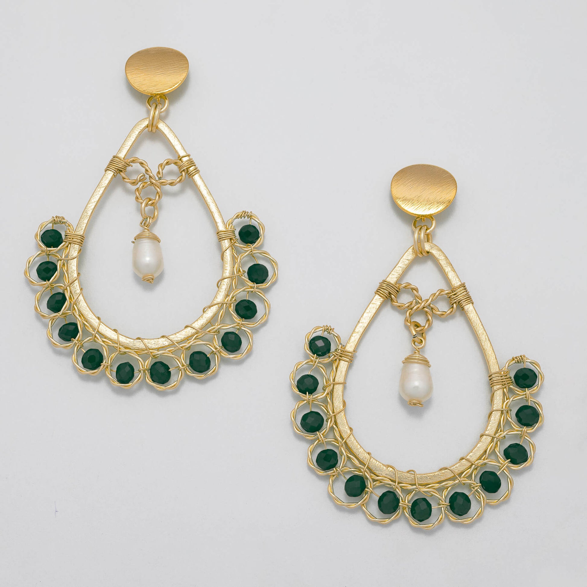Amara I Earrings are 3 inches long. Gold teardrop Earrings. Gold, Dark Green, and White earrings. Handmade with Faceted Crystal beads and freshwater pearls. Wire Wrapped Earrings.