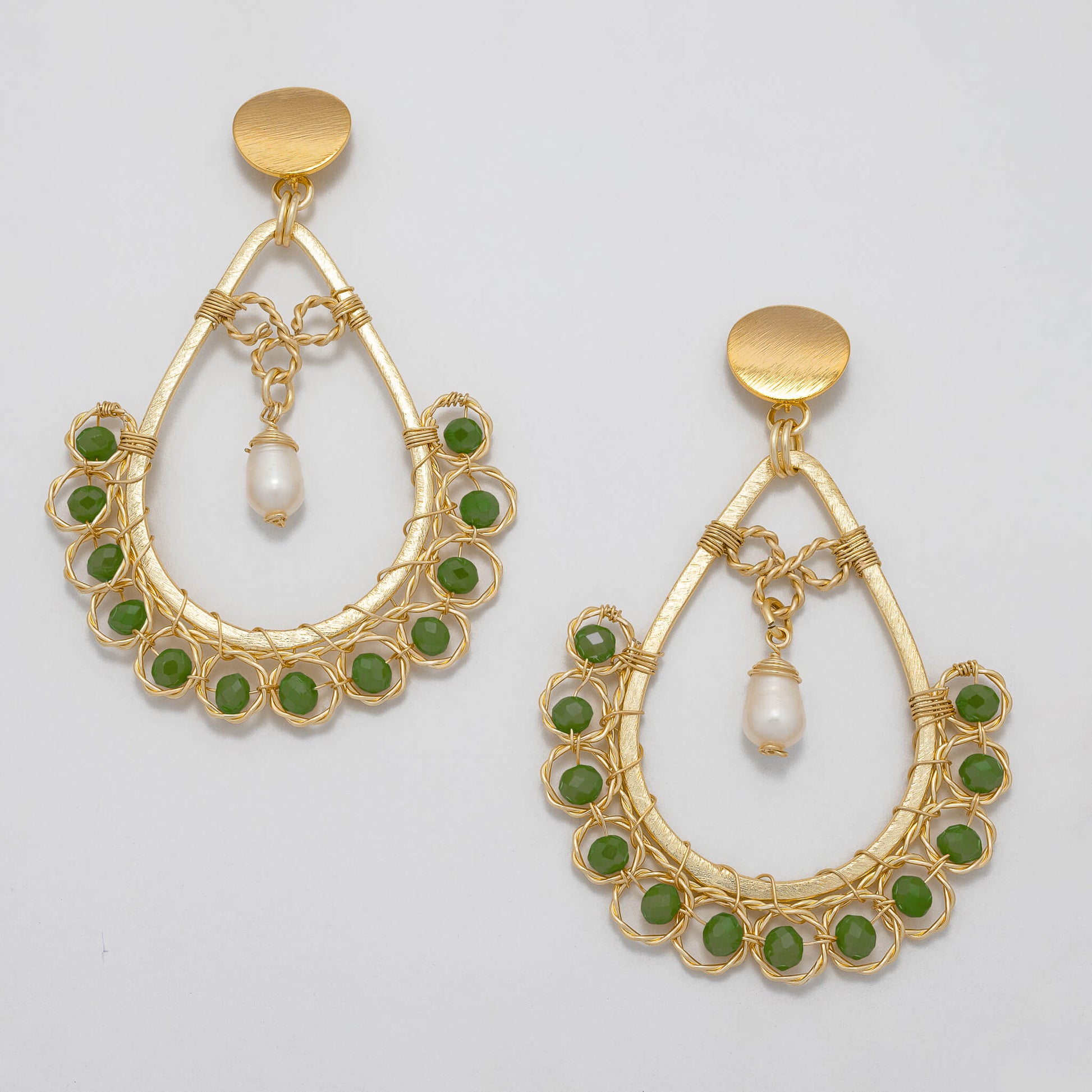 Amara I Earrings are 3 inches long. Gold teardrop Earrings. Gold, Light green and White earrings. Handmade with Faceted Crystal beads and freshwater pearls. Wire Wrapped Earrings.