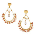 Amara I Earrings are 3 inches long. Gold teardrop Earrings. Gold, Orange, and White earrings. Handmade with Faceted Crystal beads and freshwater pearls. Wire Wrapped Earrings.