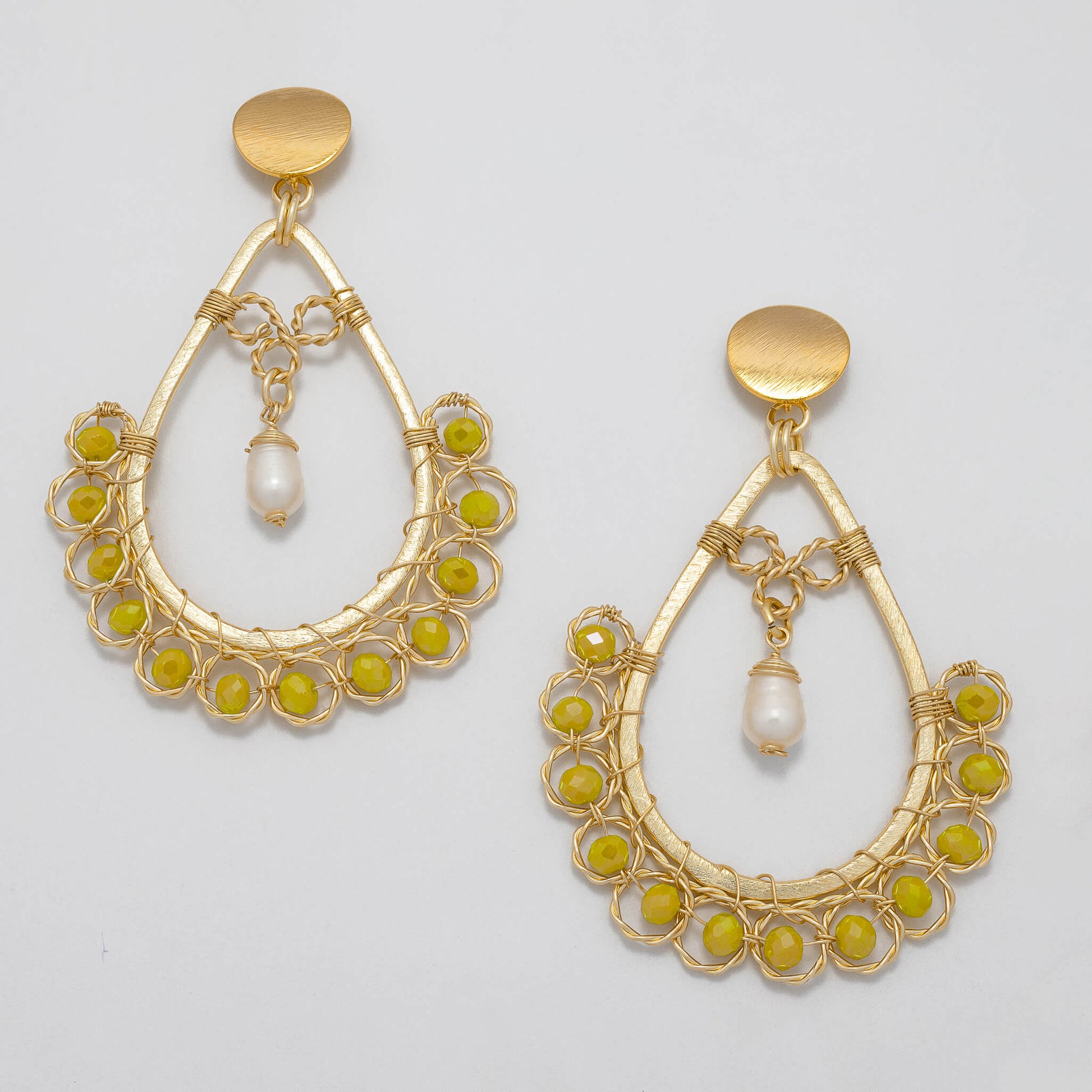 Amara I Earrings are 3 inches long. Gold teardrop Earrings. Gold, Yellow, and White earrings. Handmade with Faceted Crystal beads and freshwater pearls. Wire Wrapped Earrings.