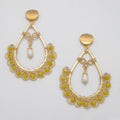 Amara I Earrings are 3 inches long. Gold teardrop Earrings. Gold, Yellow, and White earrings. Handmade with Faceted Crystal beads and freshwater pearls. Wire Wrapped Earrings.