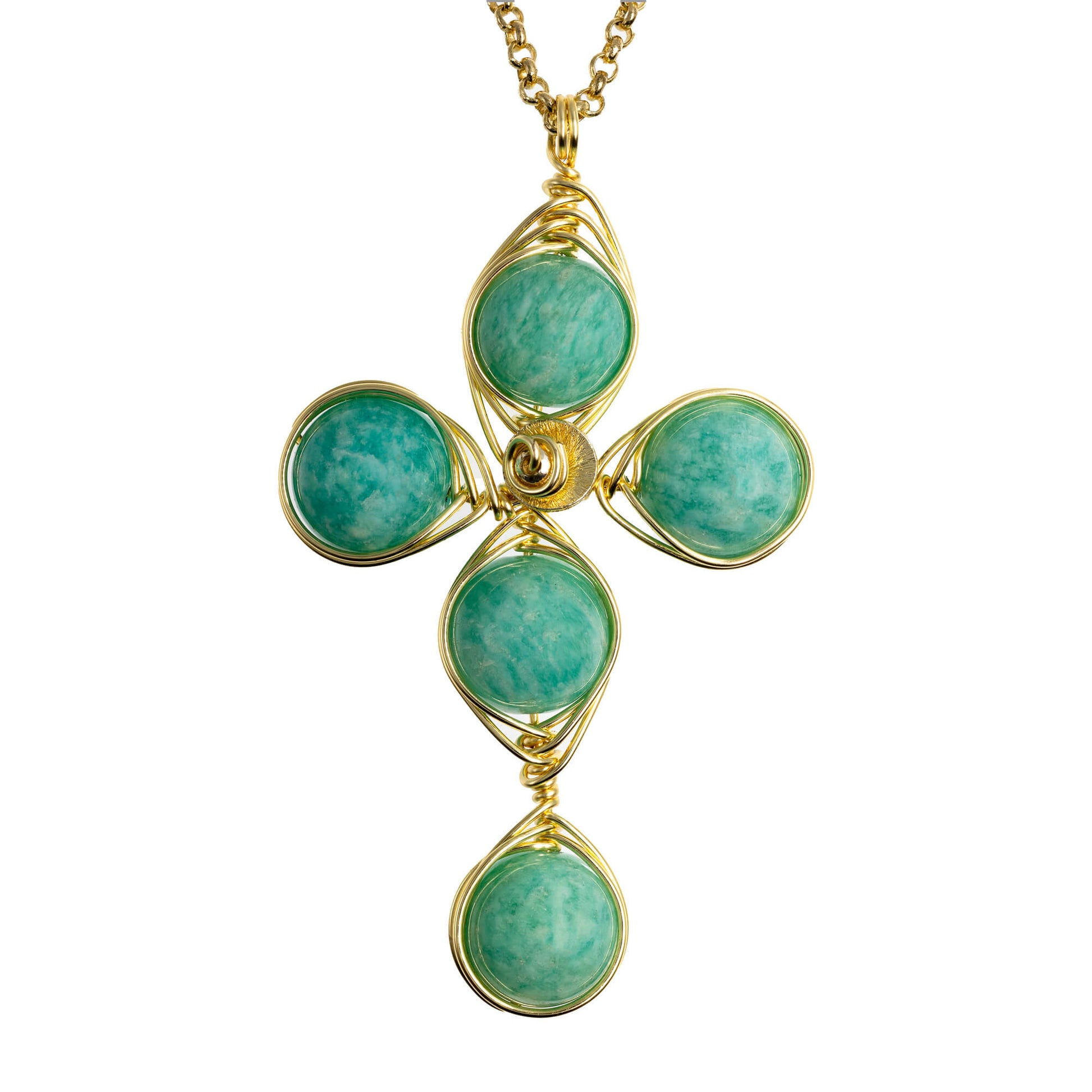 Amazonite  cross necklace in gold wire with 14K gold-filled chain. The Independence Cross.