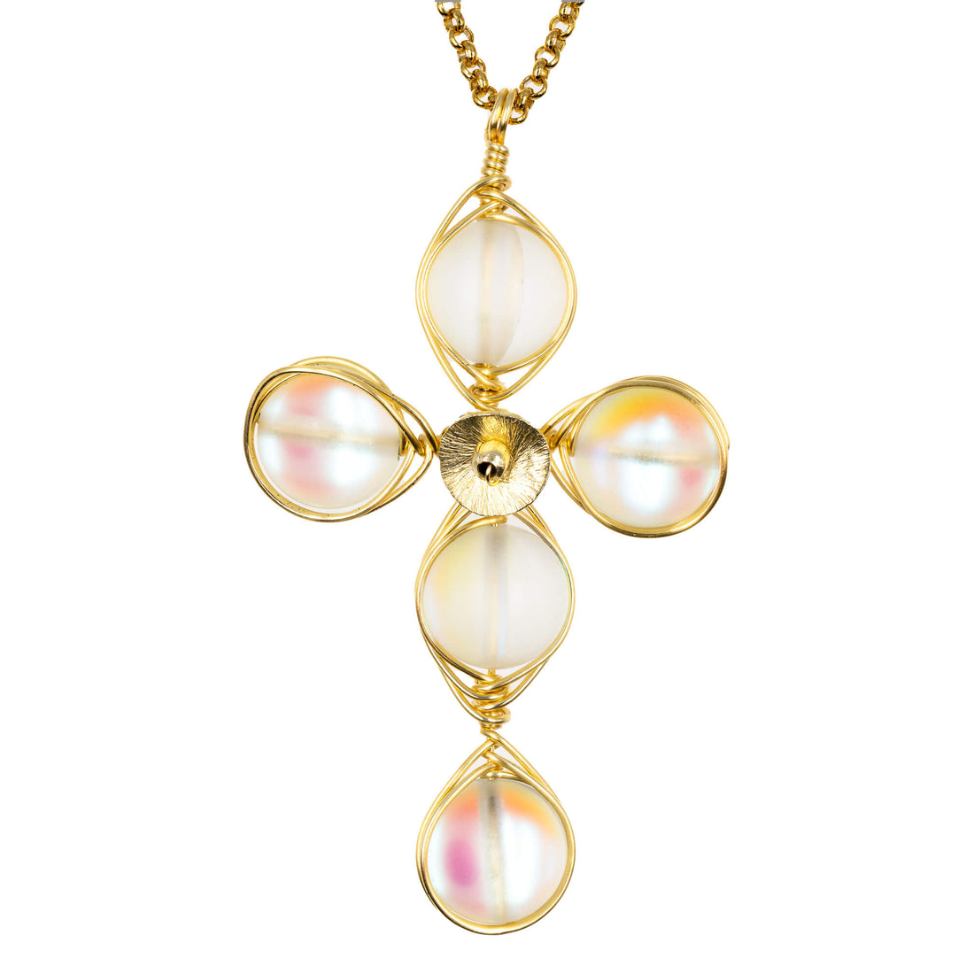 Angel Aura Quartz cross necklace in gold wire with 14K gold-filled chain. The Encourage Cross. Wired Wrapped Cross.