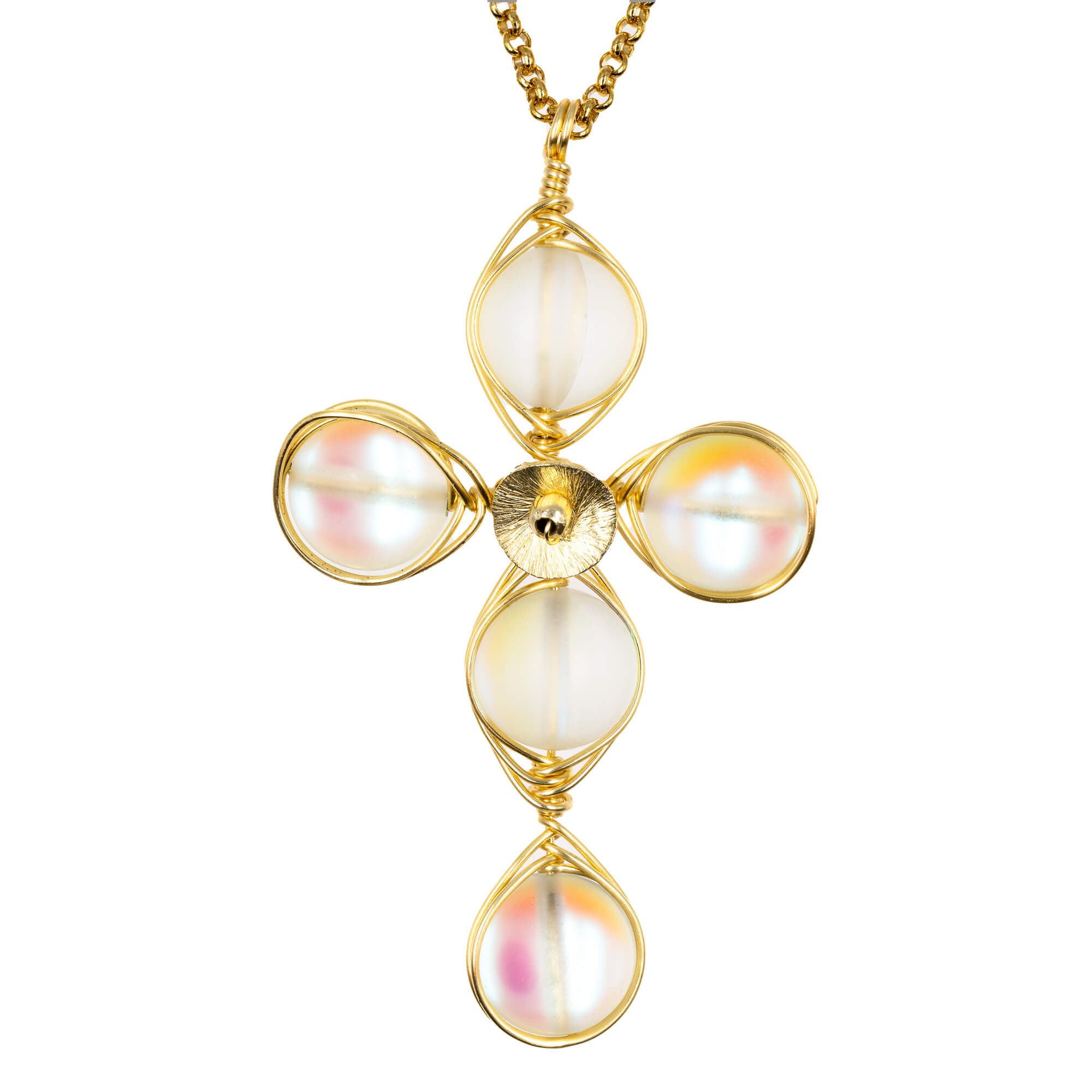 Angel Aura Quartz cross necklace in gold wire with 14K gold-filled chain. The Encourage Cross. Wired Wrapped Cross.