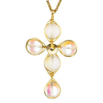 Angel Aura Quartz cross necklace in gold wire with 14K gold-filled chain. The Encourage Cross. Wired Wrapped Cross.