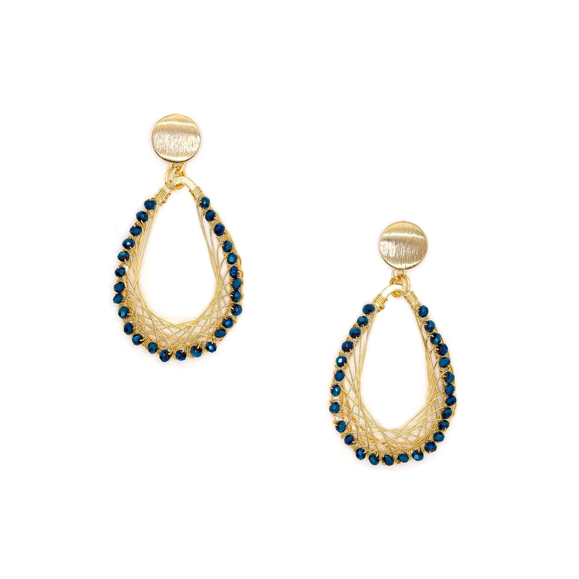 Barsha  Earrings are 2.5 inches long. Gold and Metallic Blue earrings. Beaded Teardrop Earrings. Handmade with non-tarnish wire, Crystal Beads, and a metal frame. Dangle Wire Earrings.