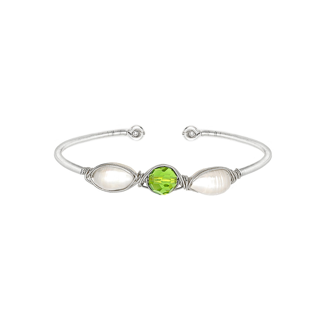 August Birthstone Crystal Silver Bracelet. Green Crystal, Fresh Water Pearls, and Non tarnish Silver color wire. Wire Wrapped Bracelet.