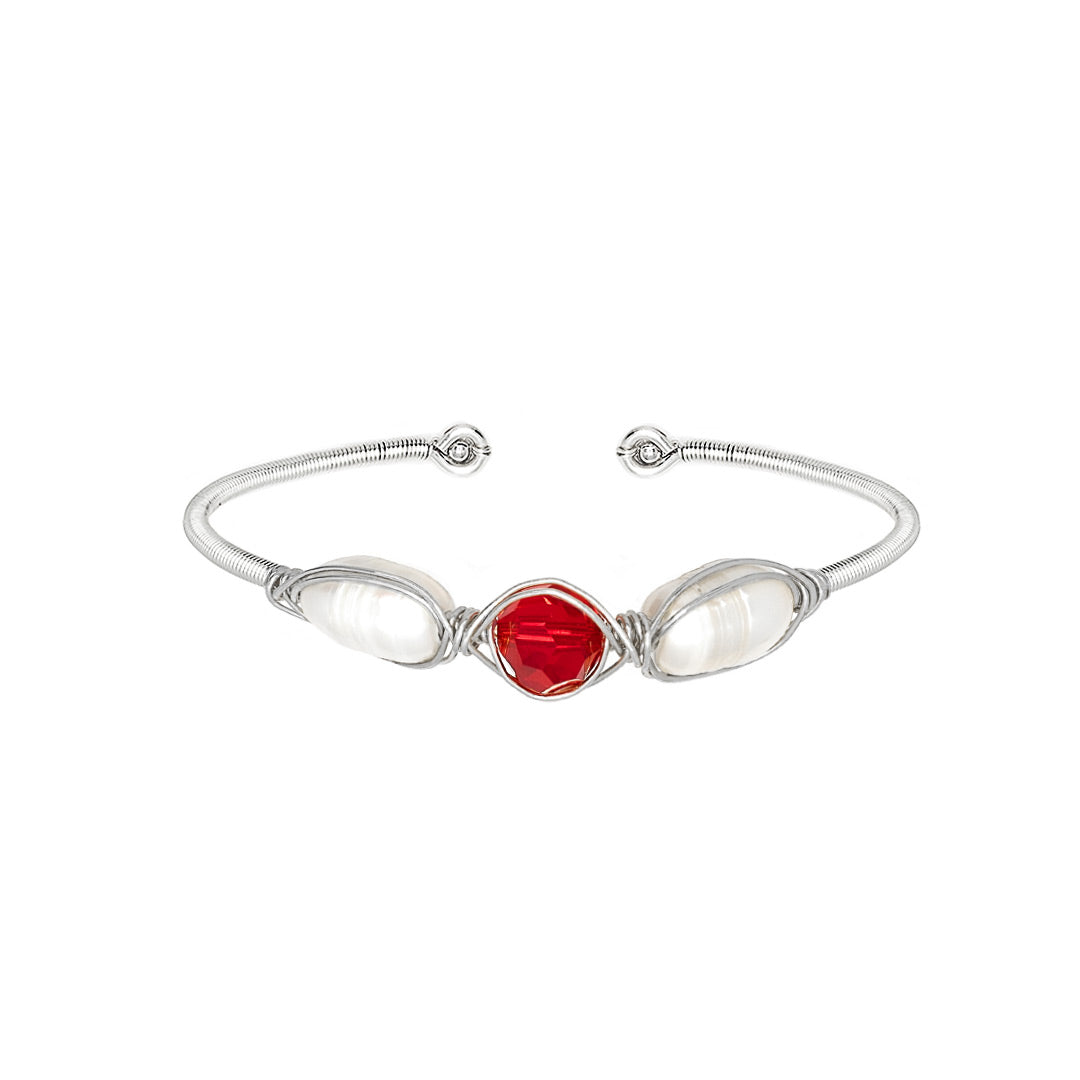 July Birthstone Crystal Silver Bracelet. Red Crystal, Fresh Water Pearls, and Non tarnish Silver color wire. Wire Wrapped Bracelet.