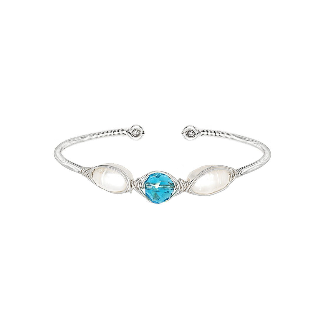 March Birthstone Crystal Silver Bracelet. Light Blue Crystal, Fresh Water Pearls, and Non tarnish Silver color wire. Wire Wrapped Bracelet.