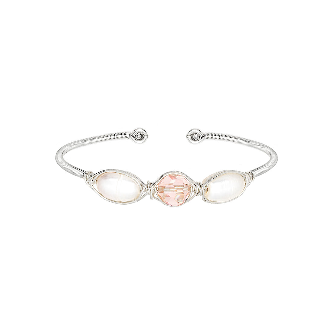 October Birthstone Crystal Silver Bracelet. Light Pink Crystal, Fresh Water Pearls, and Non tarnish Silver color wire. Wire Wrapped Bracelet.