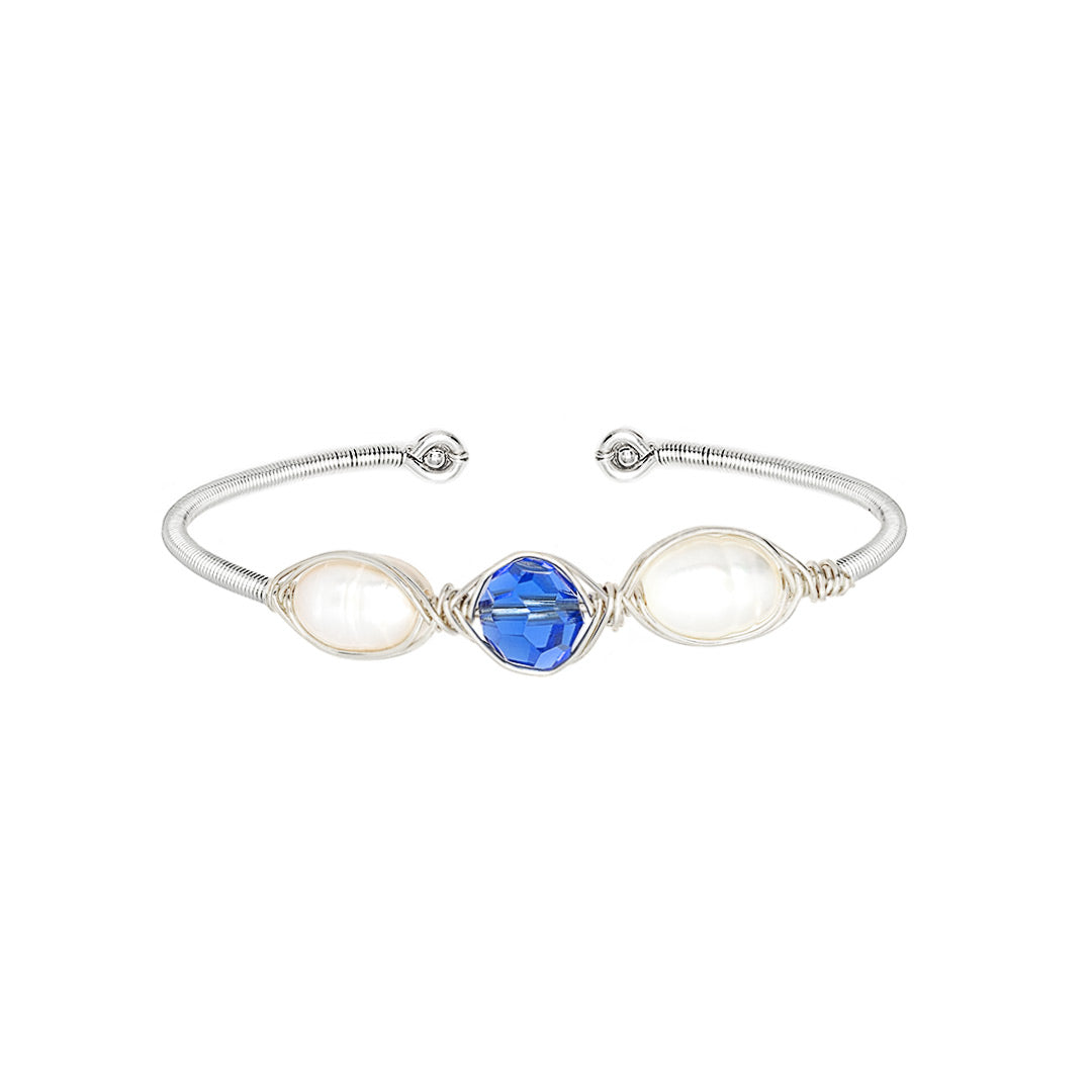 September Birthstone Crystal Silver Bracelet. Blue Crystal, Fresh Water Pearls, and Non tarnish Silver color wire. Wire Wrapped Bracelet.