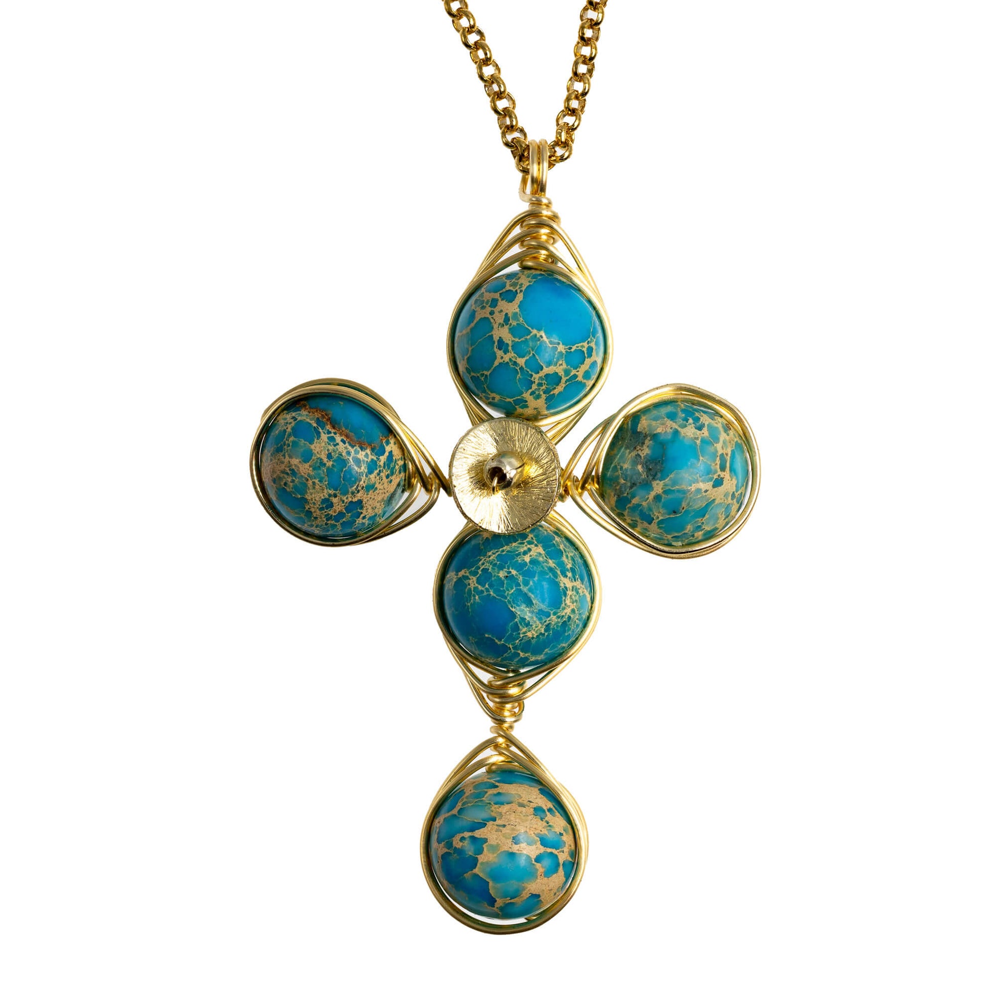 Blue Imperial Jasper cross necklace in gold wire with 14K gold-filled chain. The Stability Cross.