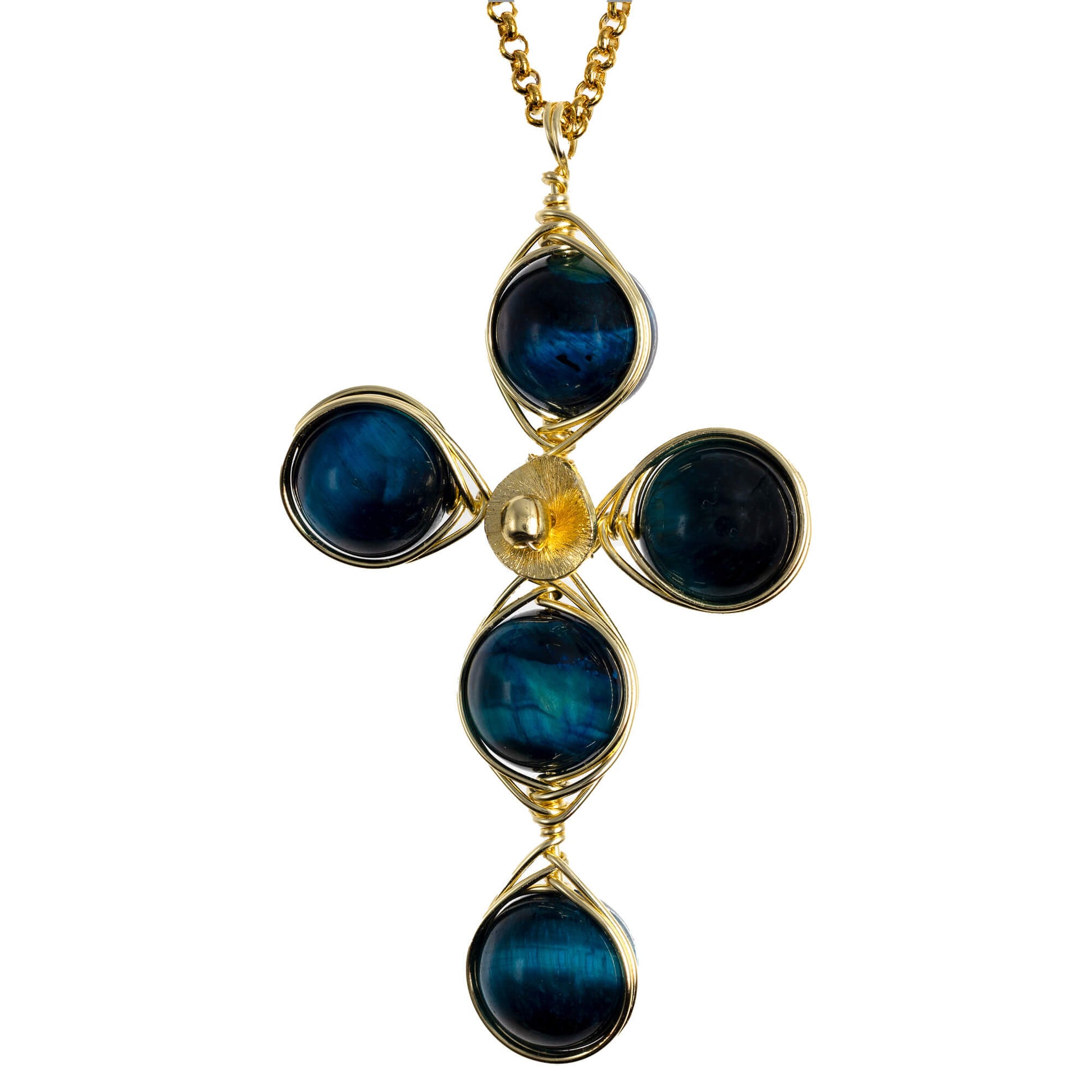 Blue Tiger Eye cross necklace in gold wire with 14K gold-filled chain. The Courage Cross.
