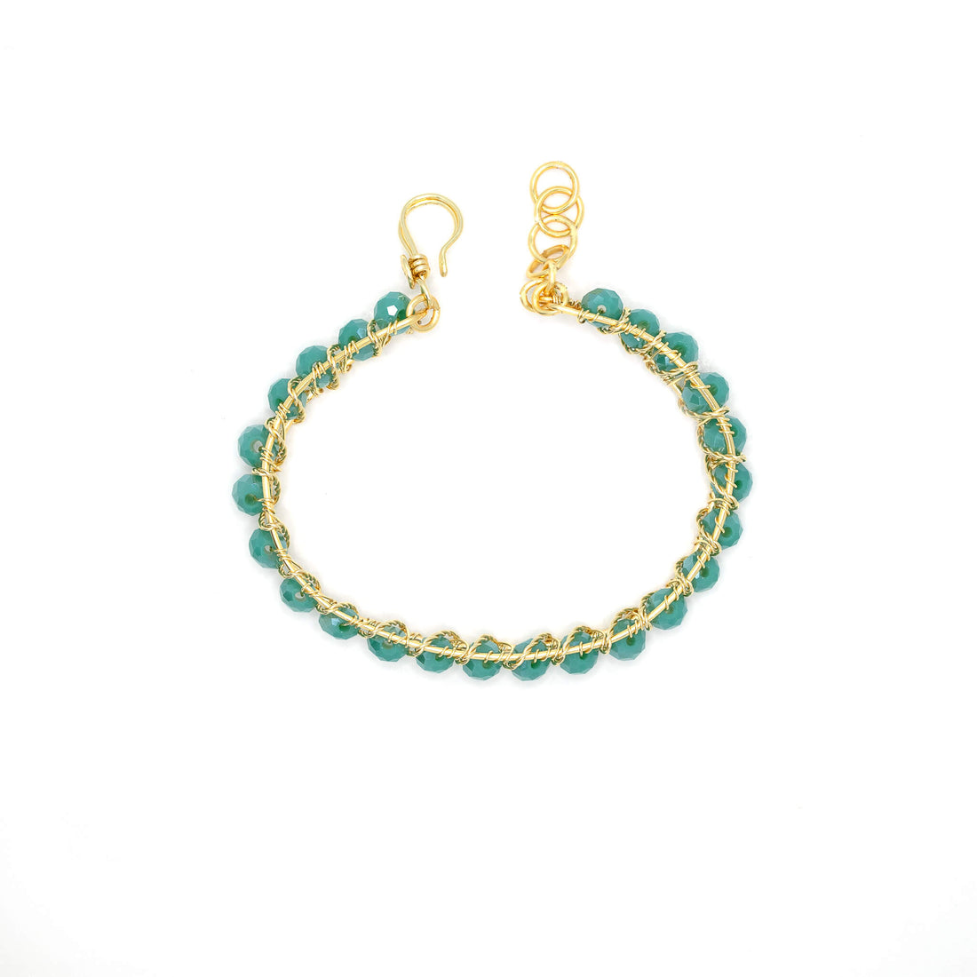 The Bogen Bracelet is one size fits all. Gold and aqua bracelet. Handmade with Non-tarnish gold plated wire and beads crystals. Wire-wrapped beaded bracelet