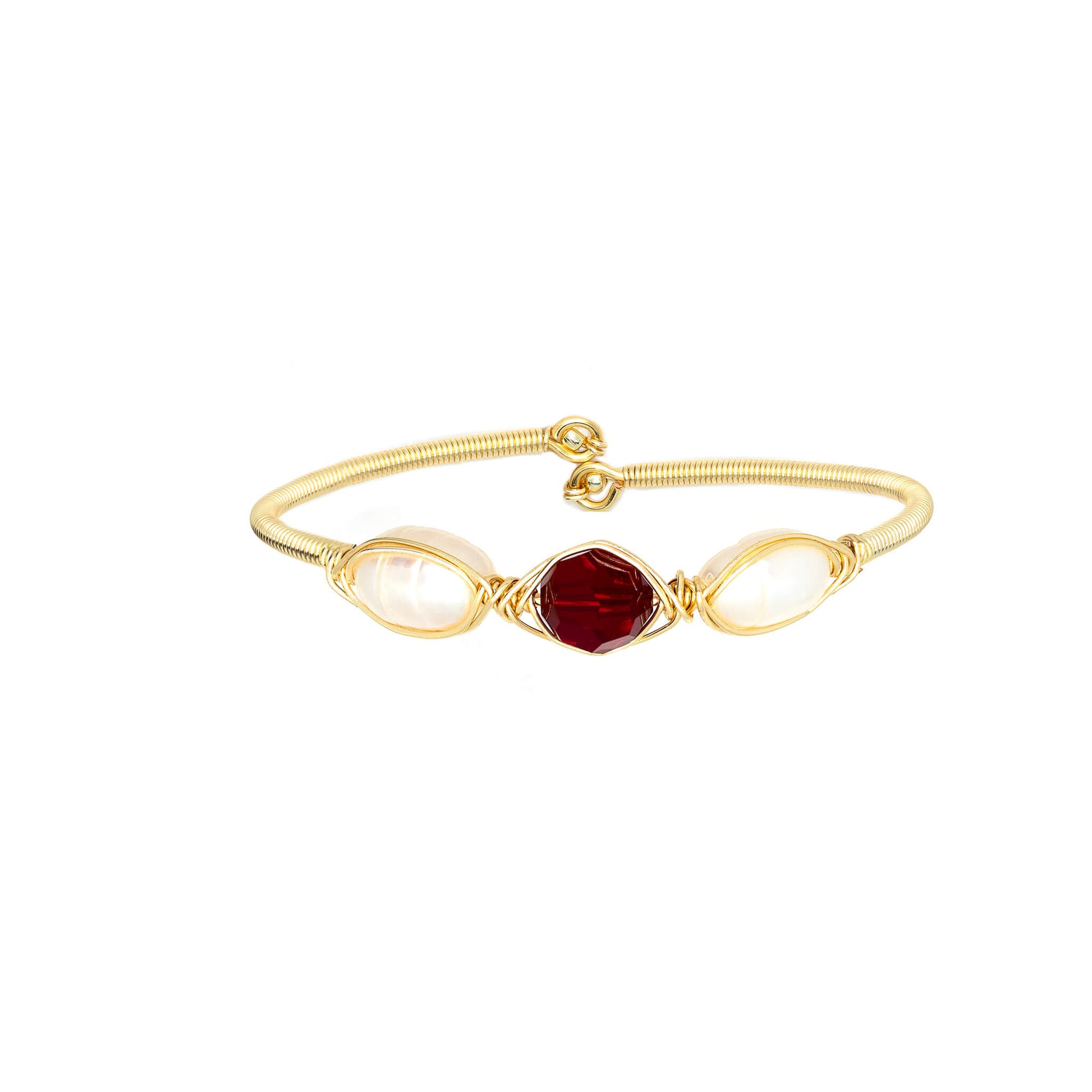 January Birthstone Crystal Gold Bracelet. Dark Red Crystal, Fresh Water Pearls  and Non tarnish Gold color wire. Wire Wrapped Bracelet.