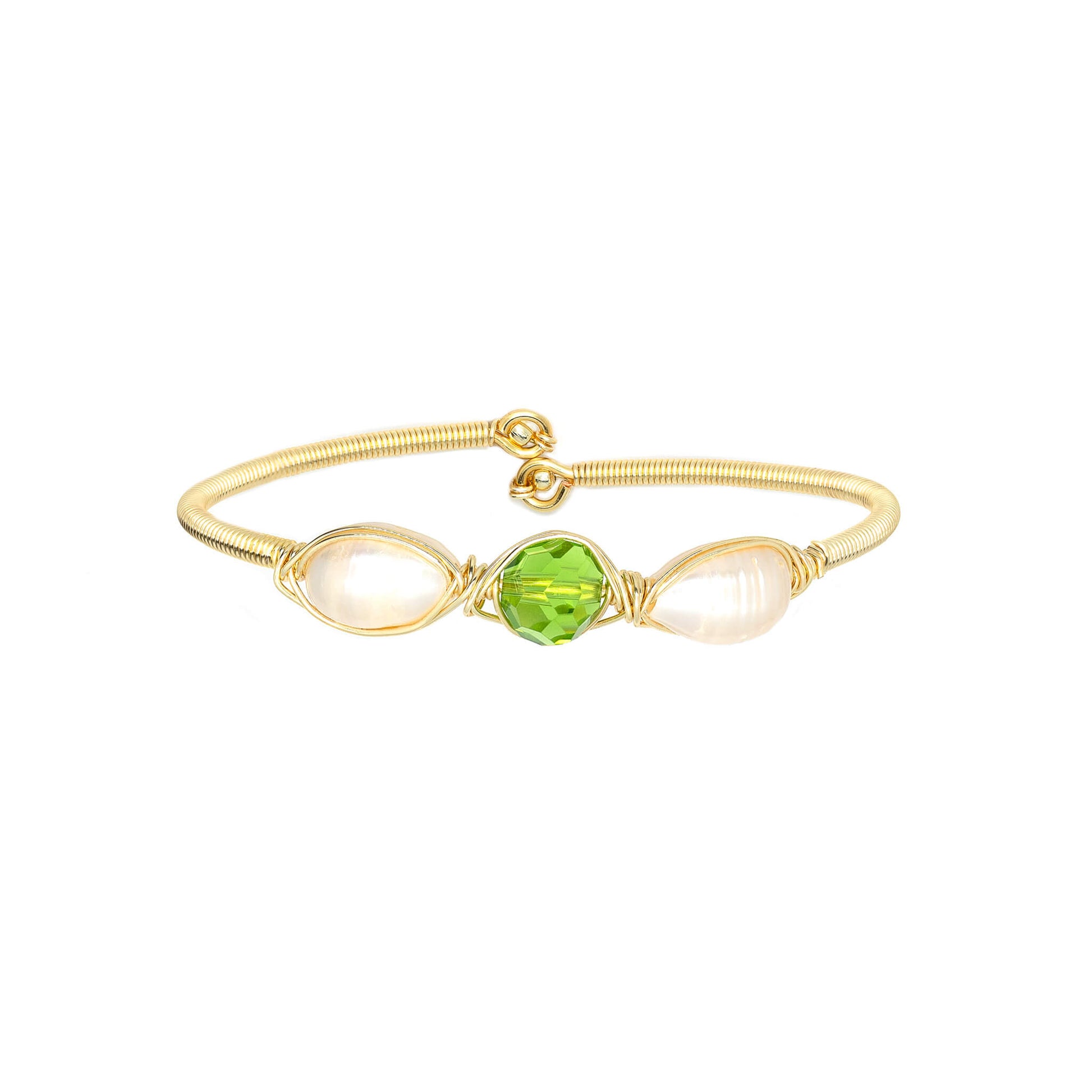 August Birthstone Crystal Gold Bracelet. Light Green Crystal, Fresh Water Pearls  and Non tarnish Gold color wire. Wire Wrapped Bracelet.