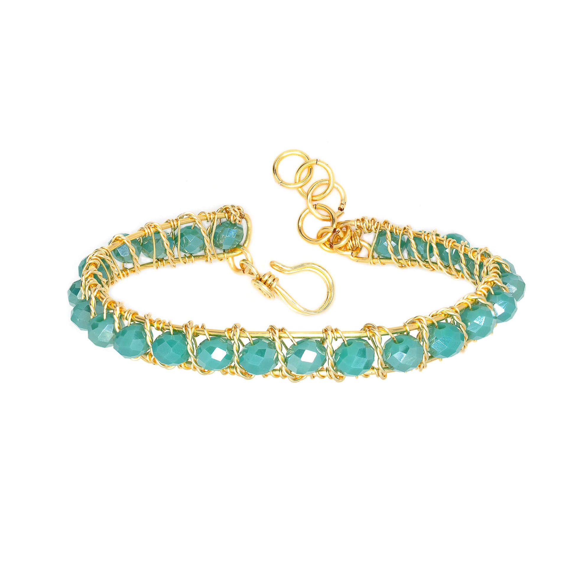 The Bogen Bracelet is one size fits all. Gold and aqua bracelet. Handmade with Non-tarnish gold plated wire and beads crystals. Wire-wrapped beaded bracelet