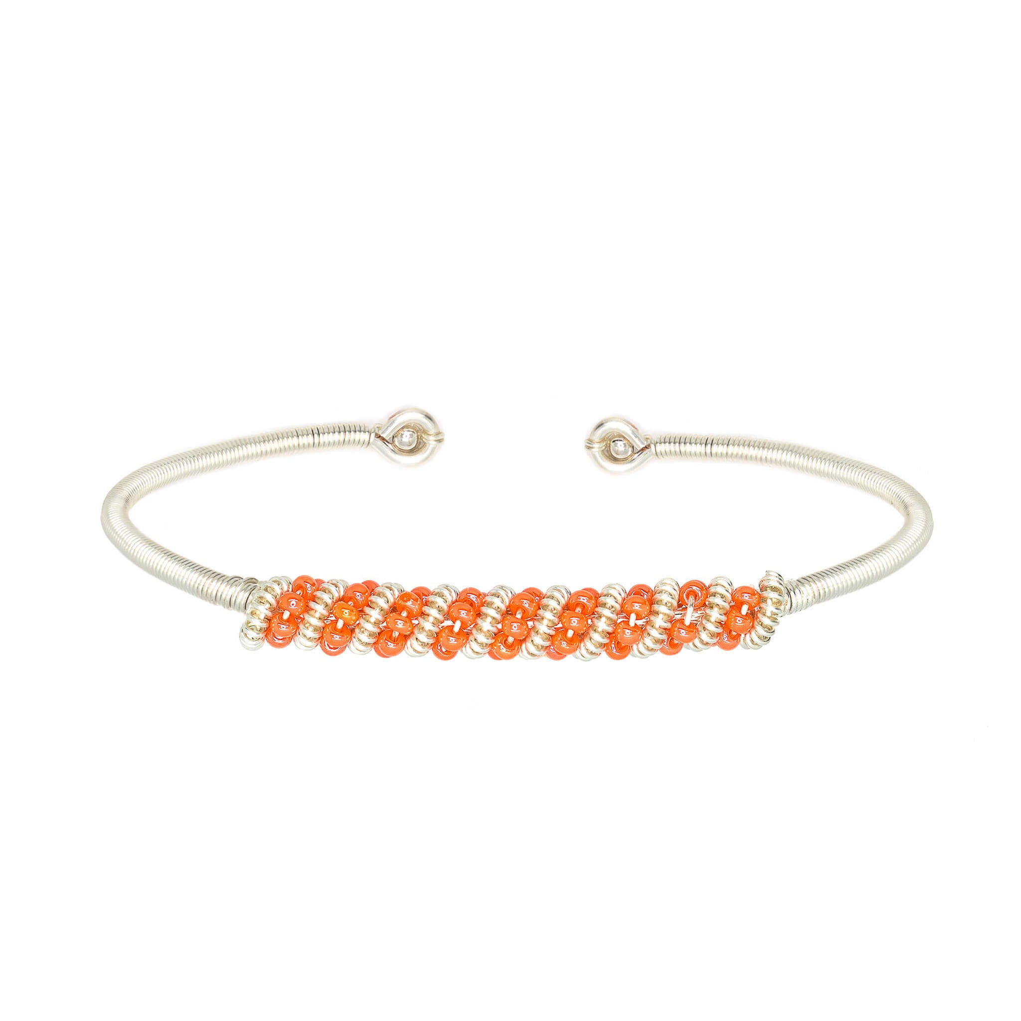 Siegen Bracelet is one size fits all. Silver and orange bracelet. Handmade with Non-tarnish silver wire and Czech seed beads crystals. Wire-wrapped beaded bracelet.