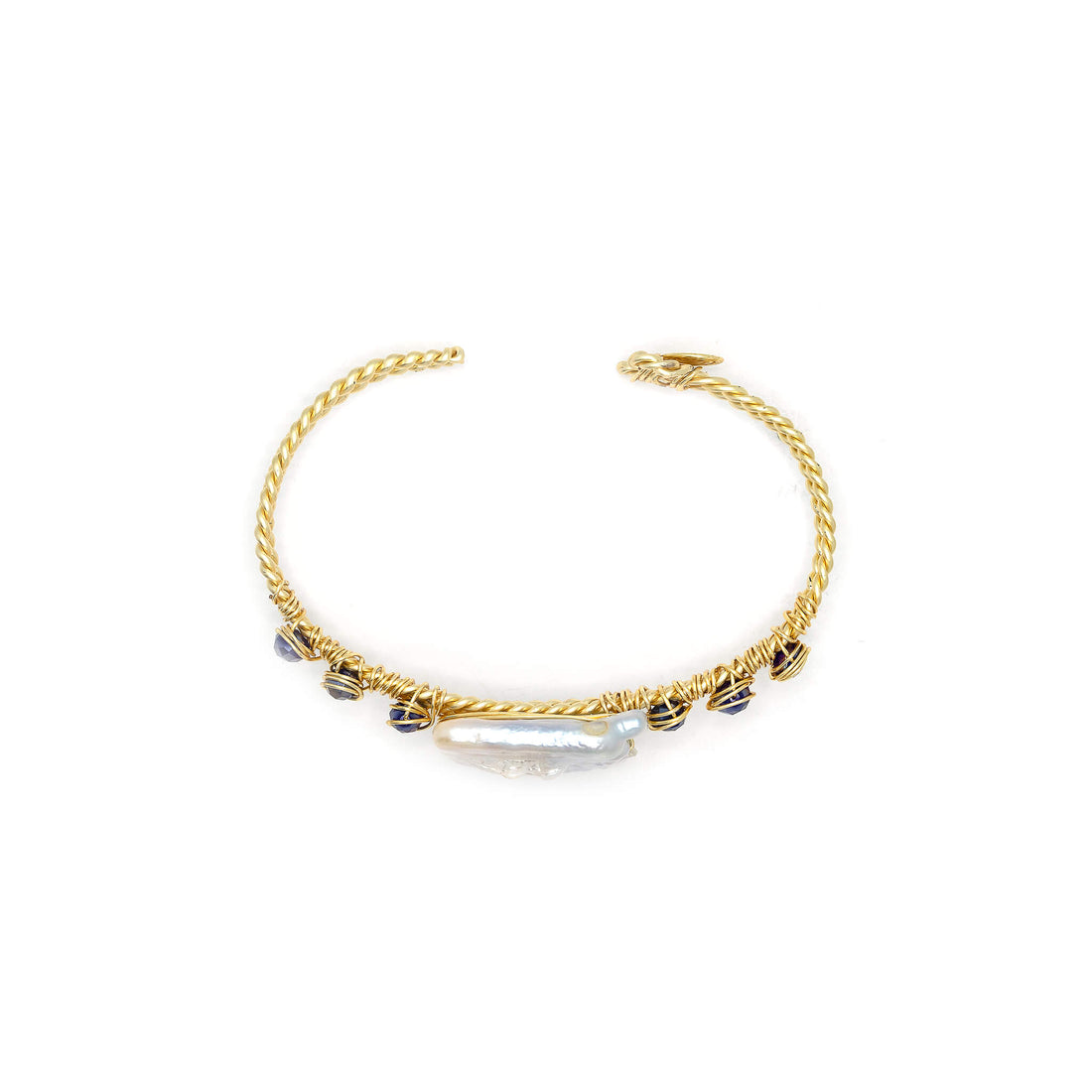 The Calau Bracelet is one size fits all. Gold and white bracelet. Handmade with Non-tarnish Gold plated wire and Square freshwater Pearls. Wire-wrapped bracelet