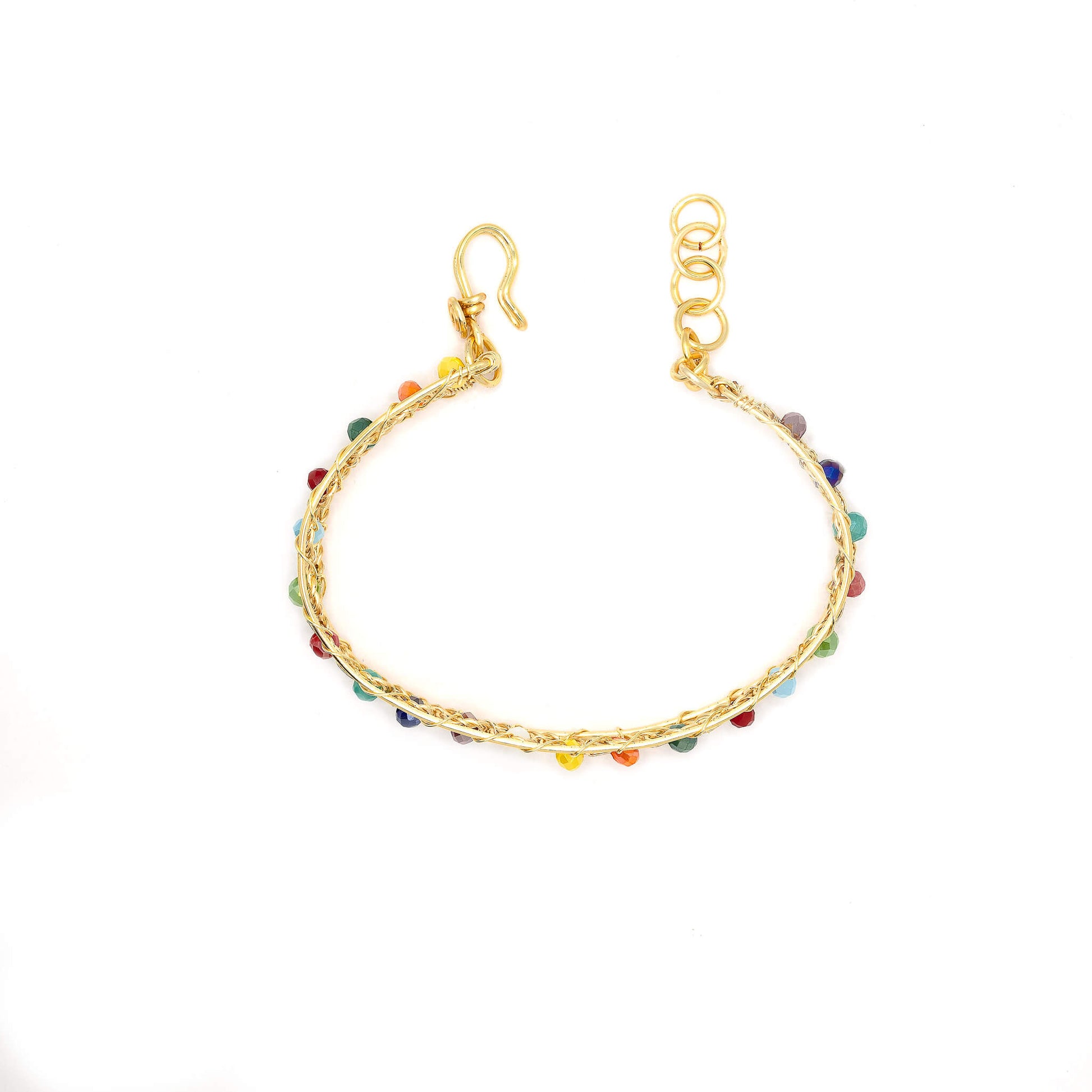 Aurich Bracelet. Gold Color  Bracelet with Multicolor beads crystals. Wire wrapped bracelet.  (Flat)