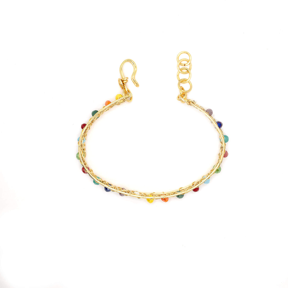Aurich Bracelet is one size fits all. Gold and Multicolor bracelet. Handmade with Non-tarnish gold plated wire and beads crystals. Wire-wrapped beaded bracelet