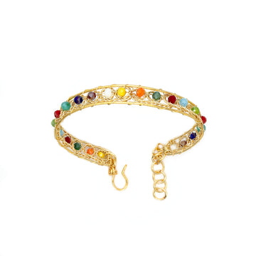 Aurich Bracelet is one size fits all. Gold and Multicolor bracelet. Handmade with Non-tarnish gold plated wire and beads crystals. Wire-wrapped beaded bracelet