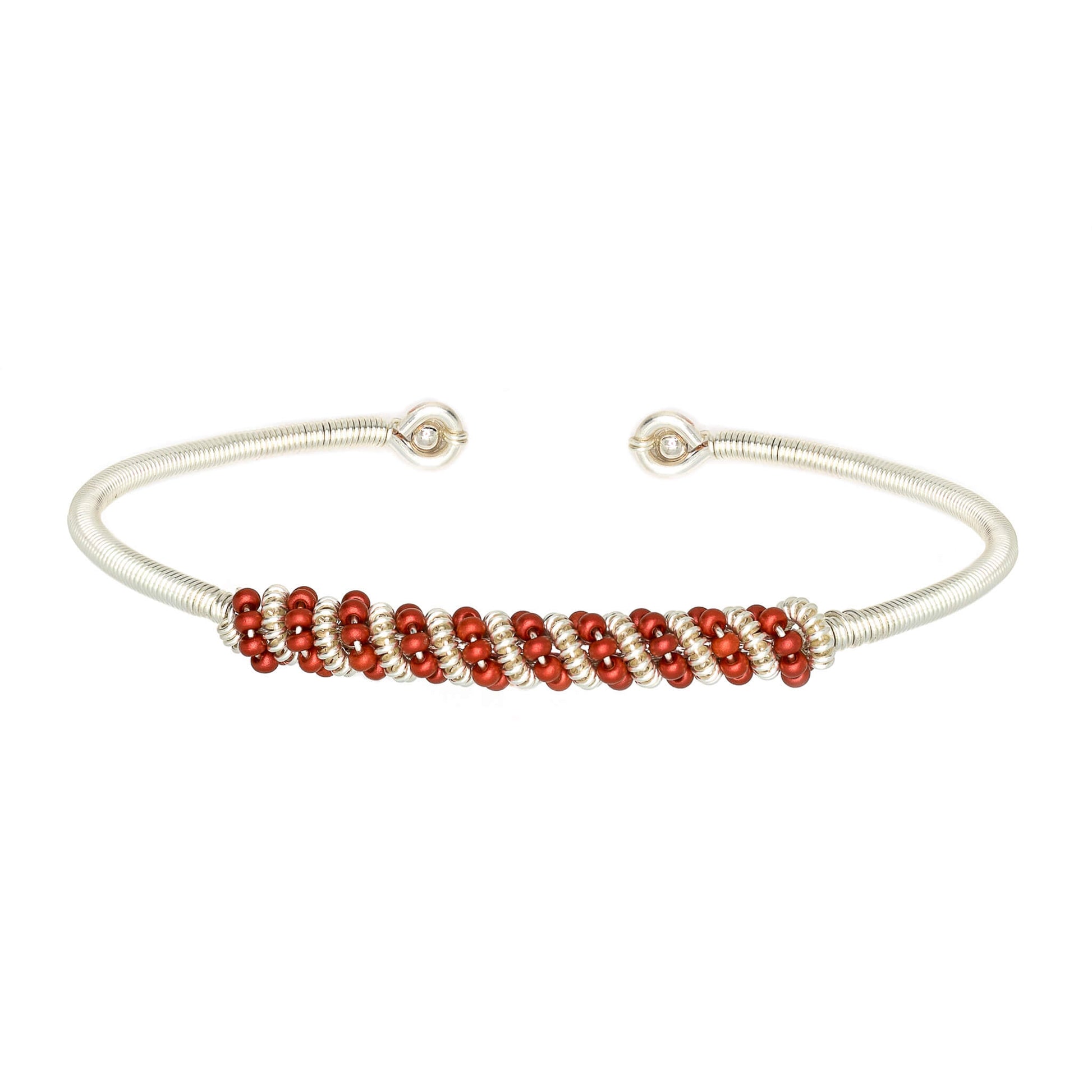 Siegen Bracelet is one size fits all. Silver and red bracelet. Handmade with Non-tarnish silver wire and Czech seed beads crystals. Wire-wrapped beaded bracelet.