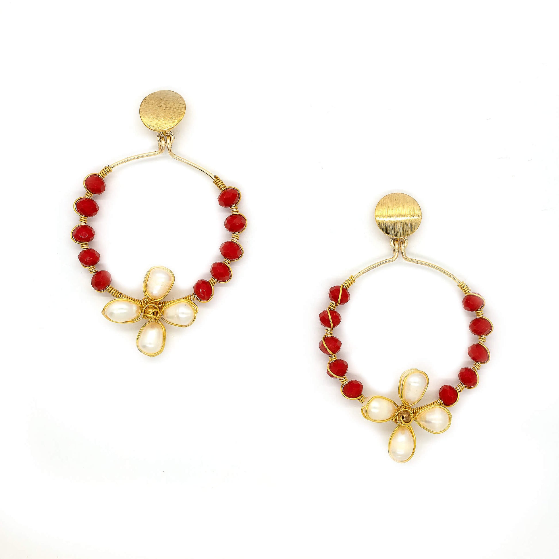 The Camille earrings are almost 3 inches long, Gold, white, and red earrings. Wire Wrapped Earrings. Simple and minimal earrings. Handmade for women. Large dangle earrings.