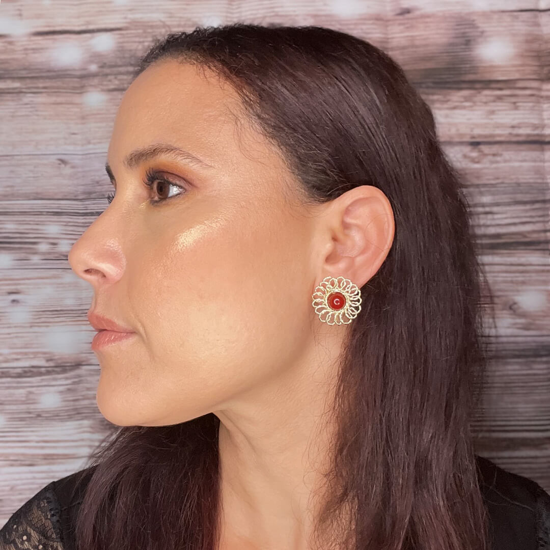 The Cergy Earrings. Dark orange and gold glass bead circular stud earrings, handmade.