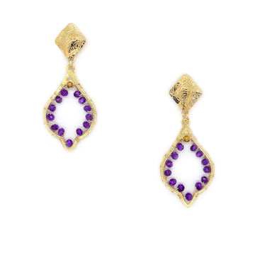 Chaima Earrings are 2.5 inches long. Gold teardrop with beads Earrings. Gold and Purple earrings. Handmade with Gold-plated wire and Faceted Crystal beads. Simple beaded Earrings.