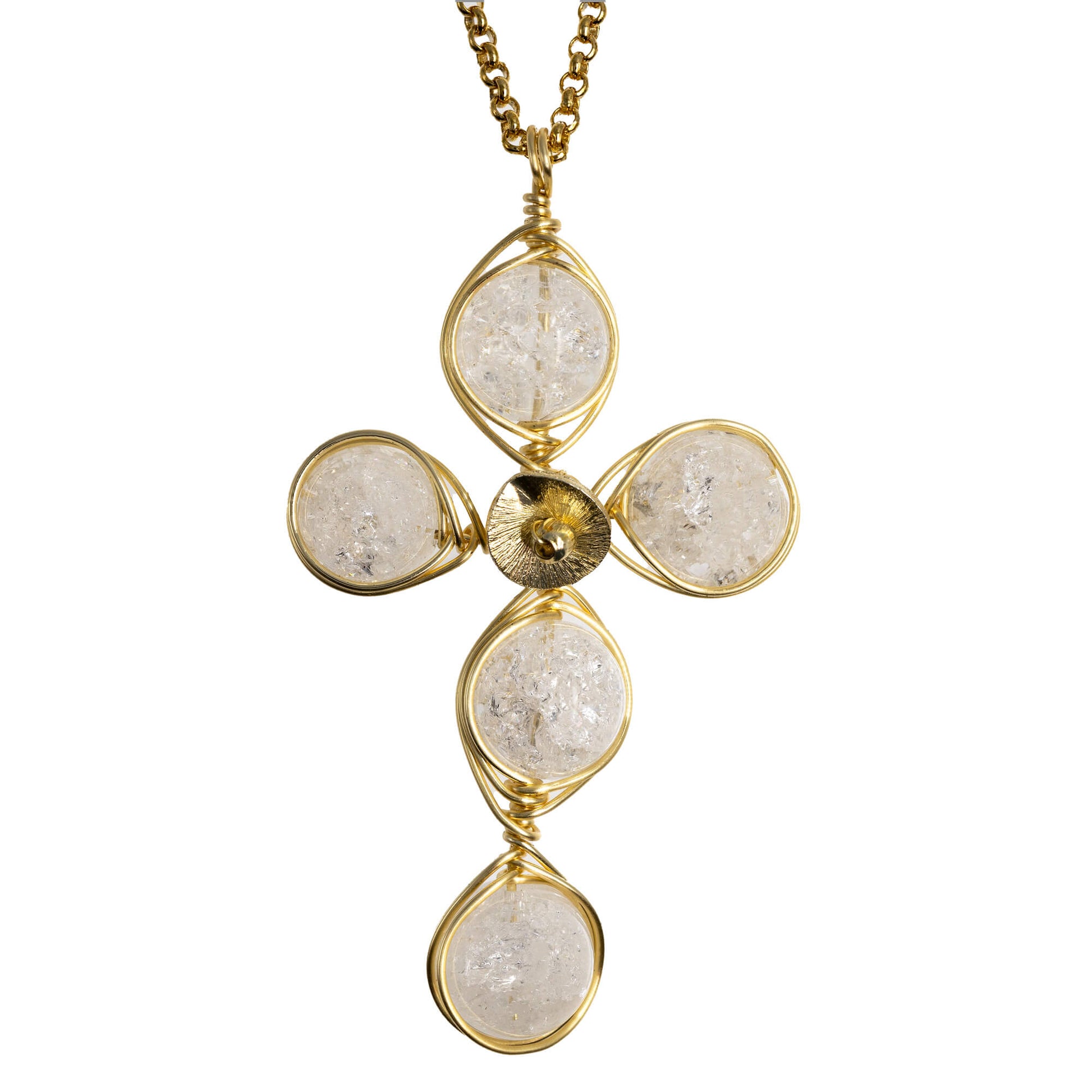 Crackled Quartz cross necklace in gold wire with 14K gold-filled chain. The Balance Cross Pendant  Necklace.
