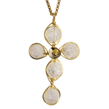 Crackled Quartz cross necklace in gold wire with 14K gold-filled chain. The Balance Cross Pendant  Necklace.