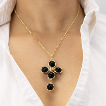 Self Confidence Cross Pendant Necklace-Black Onyx Beads Fashion Cross