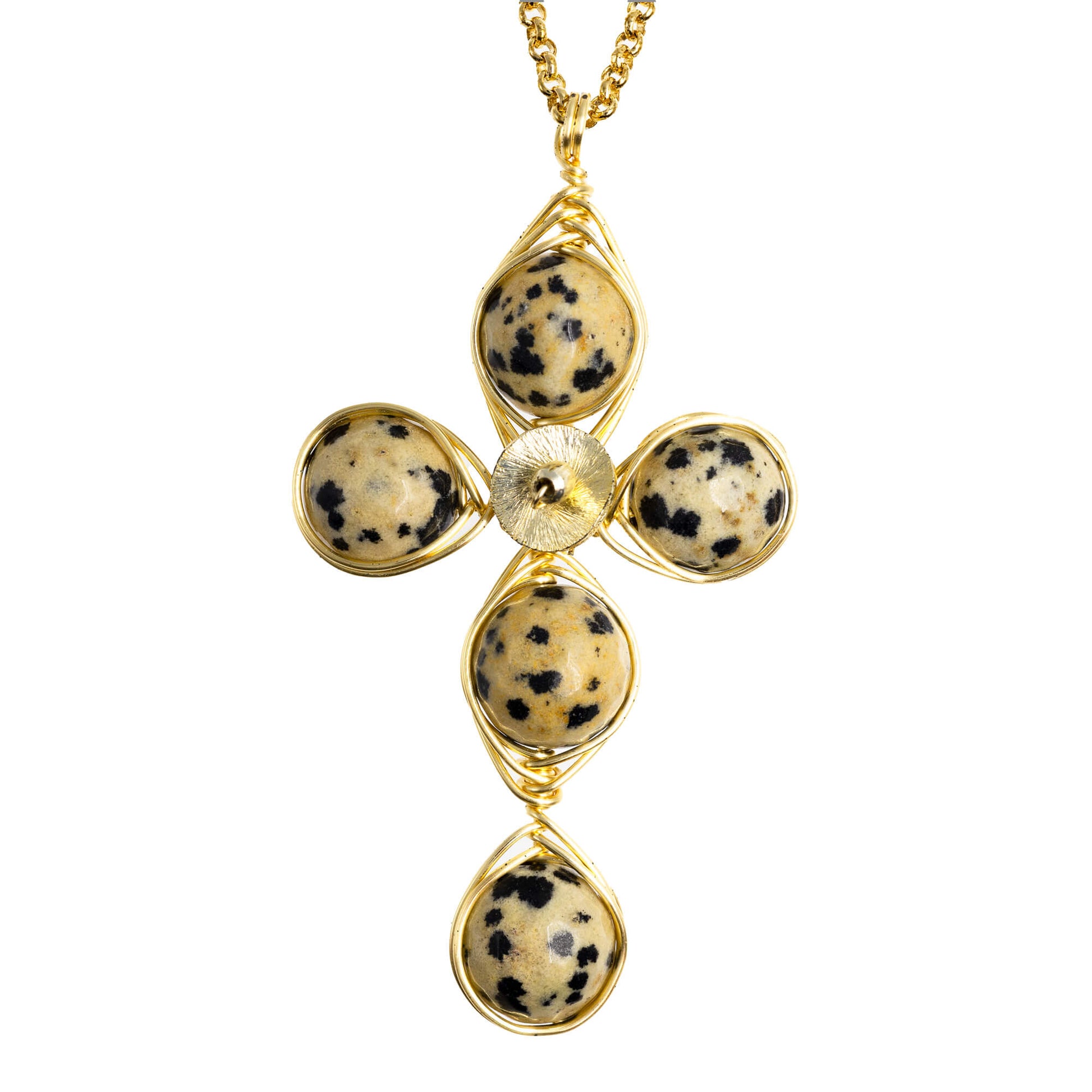 Dalmatian Jasper cross necklace in gold wire with 14K gold-filled chain. The Nurture Cross Pendant  Necklace.
